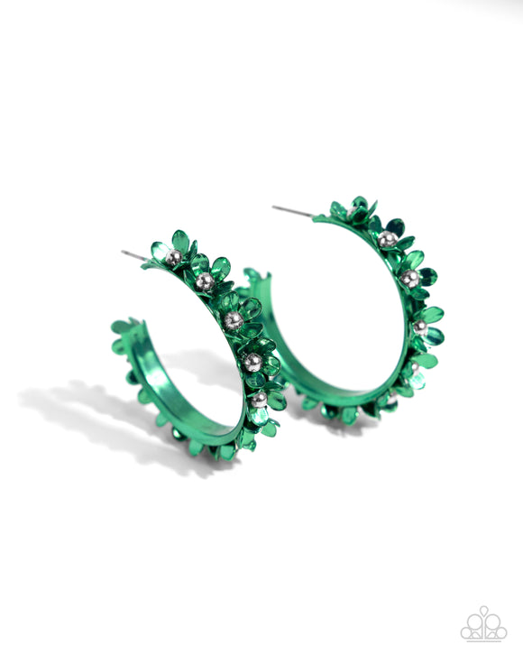 Paparazzi Earring PREORDER - Fashionable Flower Crown - Green Hoops